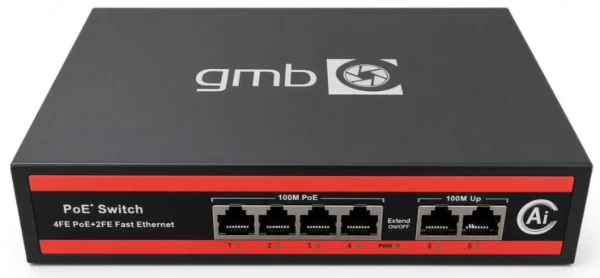 GMB POE Switch FS1006P,IEEE802.3af/at, 4 PoE 10/100M, 2 UP-link 100/100M,52V 65W, 30W/PoE, VLAN 250m
