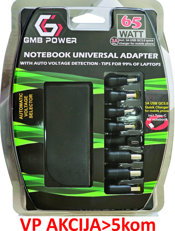 NPA-AC7D **Gembird univerzalni laptop punjac AC 65W sa Tip-C + QC3.0 mob. brzi punjac 3A, auto(1393)