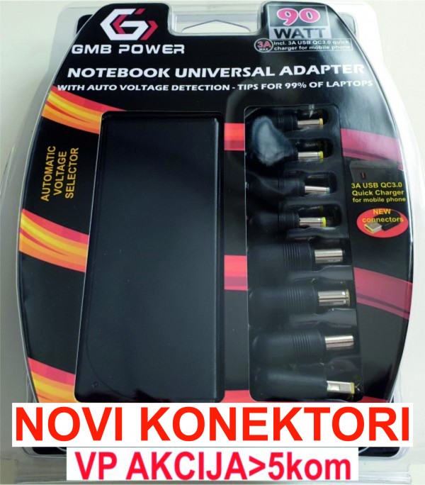 NPA-AC5D **Gembird univerzalni laptop punjac AC 90W + QC3.0 mob.brzi punjac 3A, auto voltage (1253)